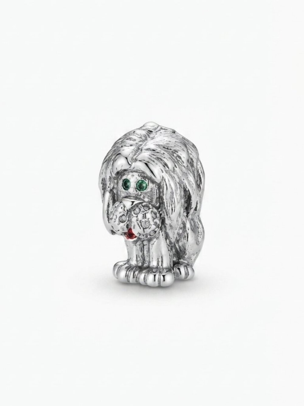 Vintage Silver-Tone Shaggy Dog Brooch | Retro Puppy Figural Lapel Pin with Green